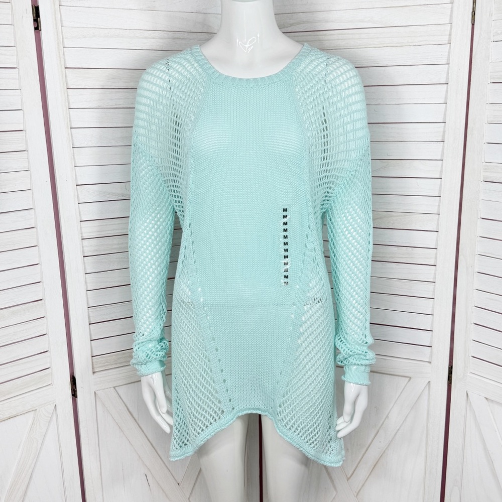 Paradise Shores Open Knit Mesh Beach Sweater Swim‎ Cover Aqua Green Medium